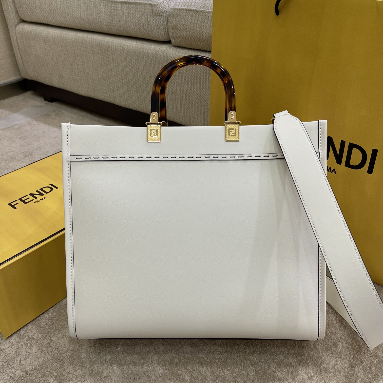 Fendi Medium Sunshine Shopper White Leather Bag 